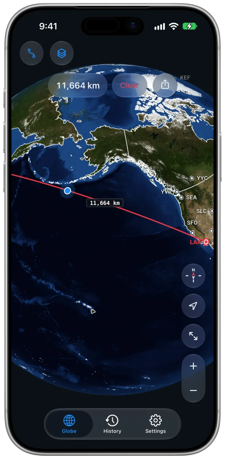 The Los Angeles (LAX) to Hong Kong (HKG) Route With a Blue Location Dot Over the North Pacific on iPhone