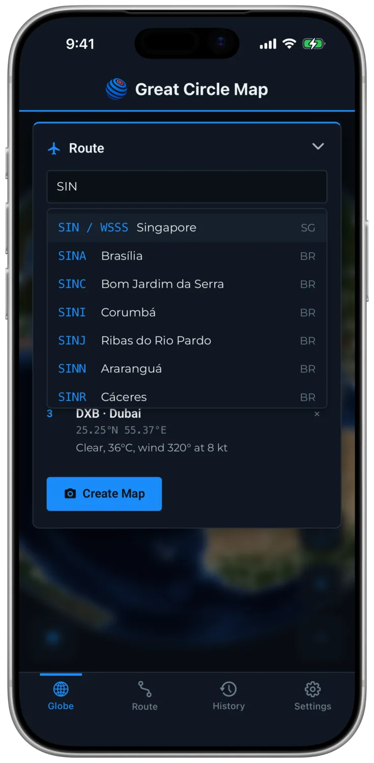 Airport Search Showing IATA and ICAO Results