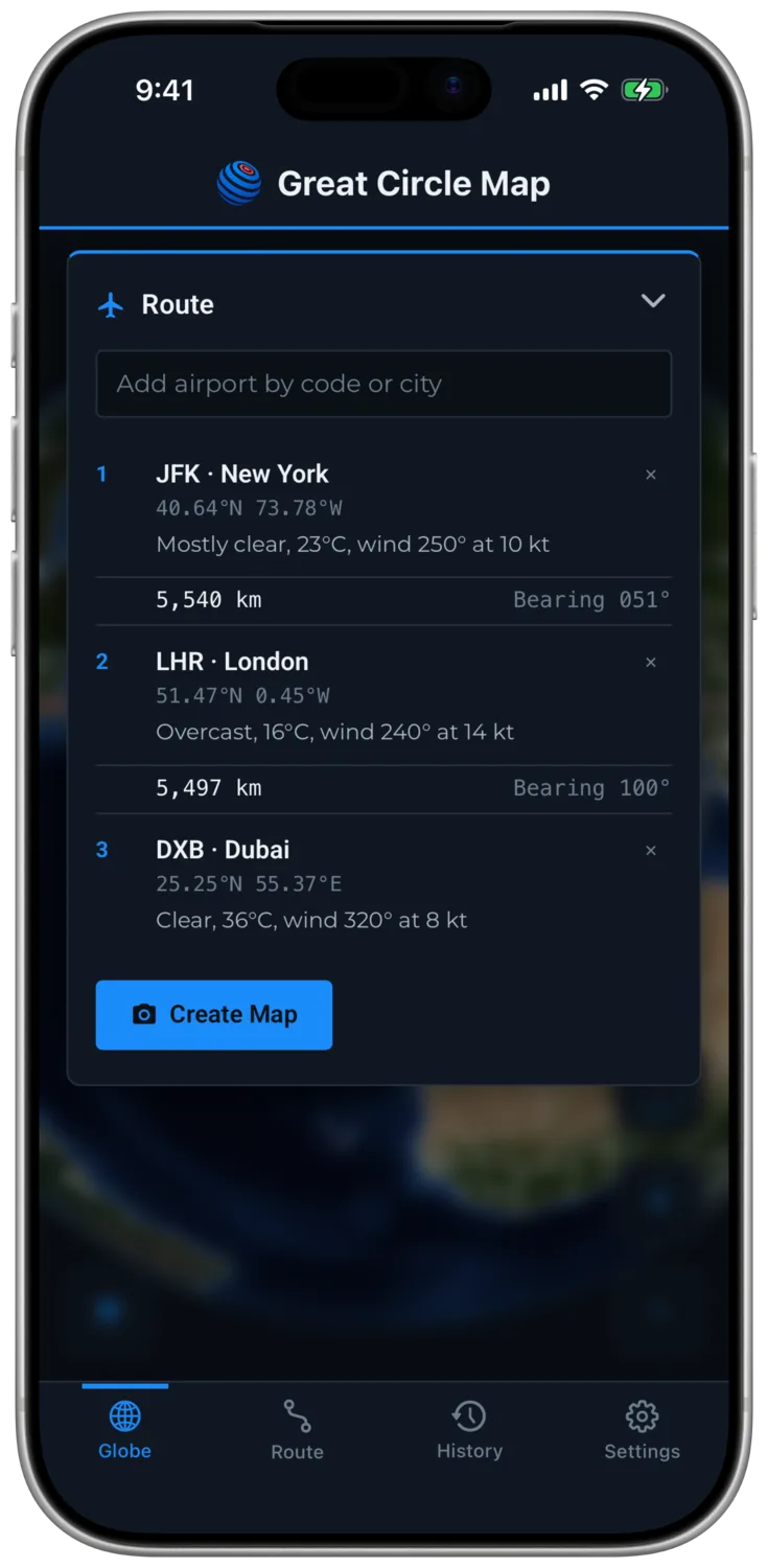 The Route Panel With Weather at Each Waypoint