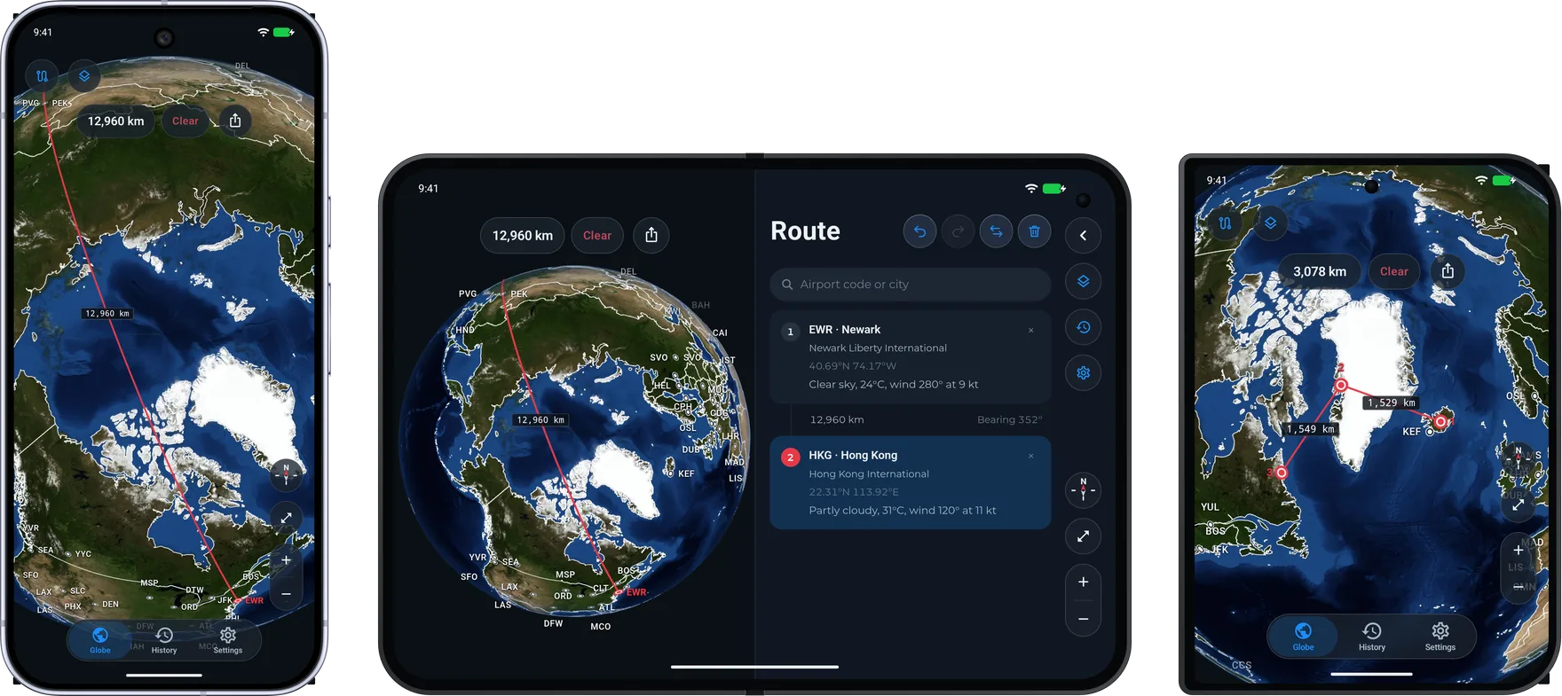 Google Pixel 10 Pro Showing Newark (EWR) to Hong Kong (HKG) Over the North Pole, Unfolded Xiaomi 18 Fold With the Same Globe Beside the Route Column, and Folded Xiaomi 18 Fold Showing Iceland to Canada via Greenland on Its Cover Display