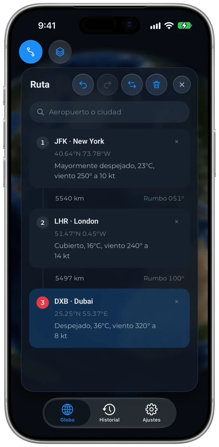 El panel de ruta con el tiempo en cada punto de ruta