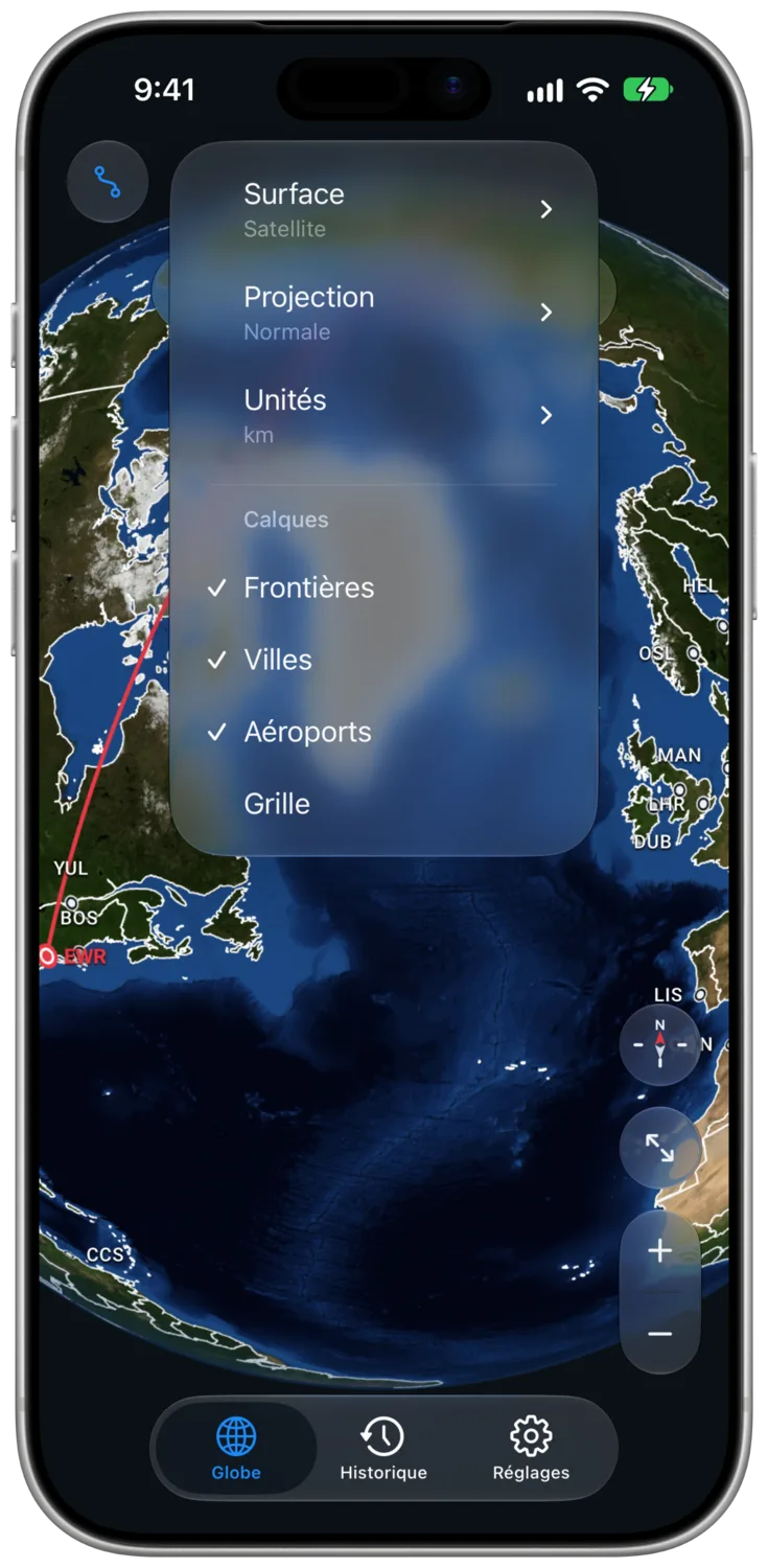 Le menu Apparence ouvert sur le globe