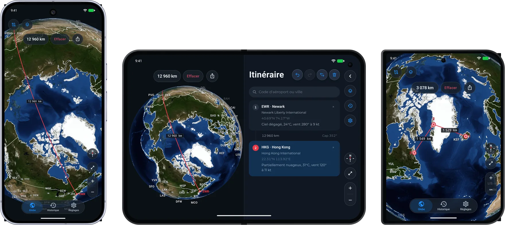 Google Pixel 10 Pro affichant l’itinéraire de Newark (EWR) à Hong Kong (HKG) par le pôle Nord, Xiaomi 18 Fold déplié avec le même globe à côté de la colonne Itinéraire et Xiaomi 18 Fold replié affichant l’itinéraire d’Islande au Canada via le Groenland sur son écran externe