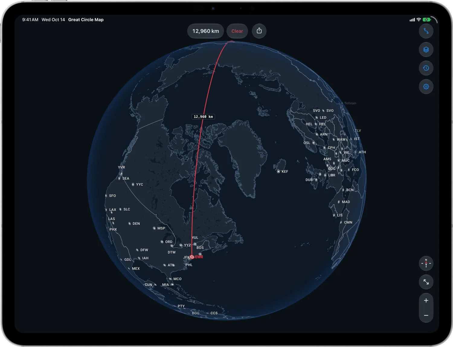 The Newark to Hong Kong Route Over the North Pole in Dark Map Style on iPad Pro