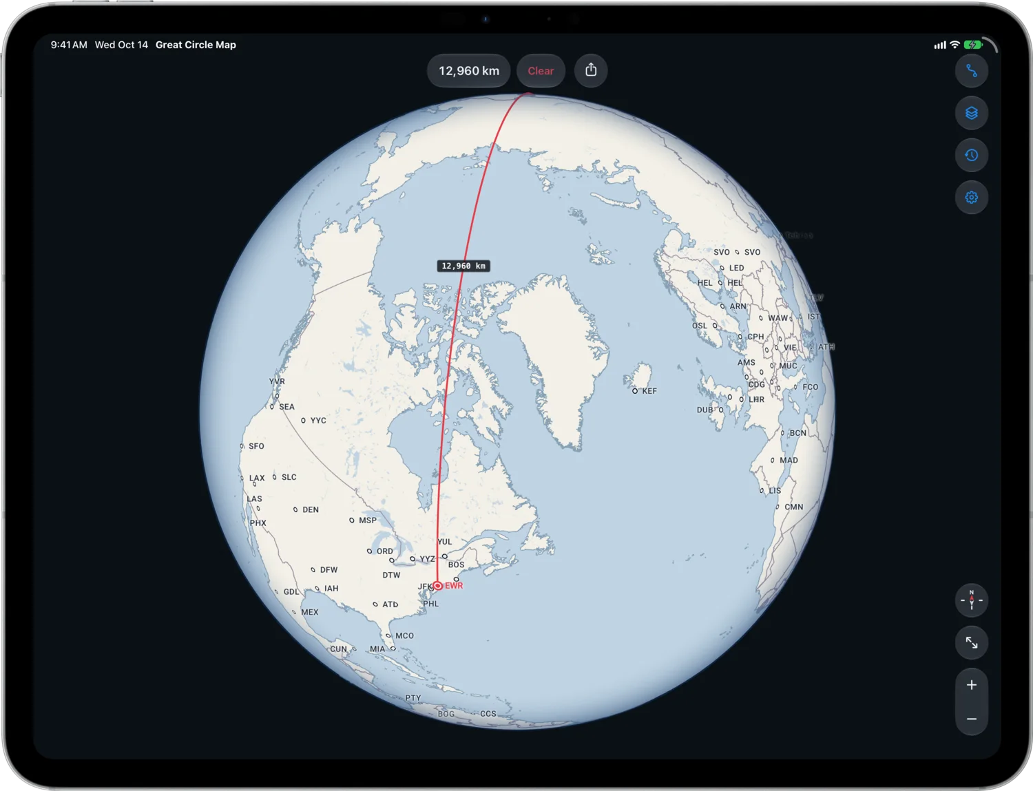 The Newark to Hong Kong Route Over the North Pole in Light Map Style on iPad Pro