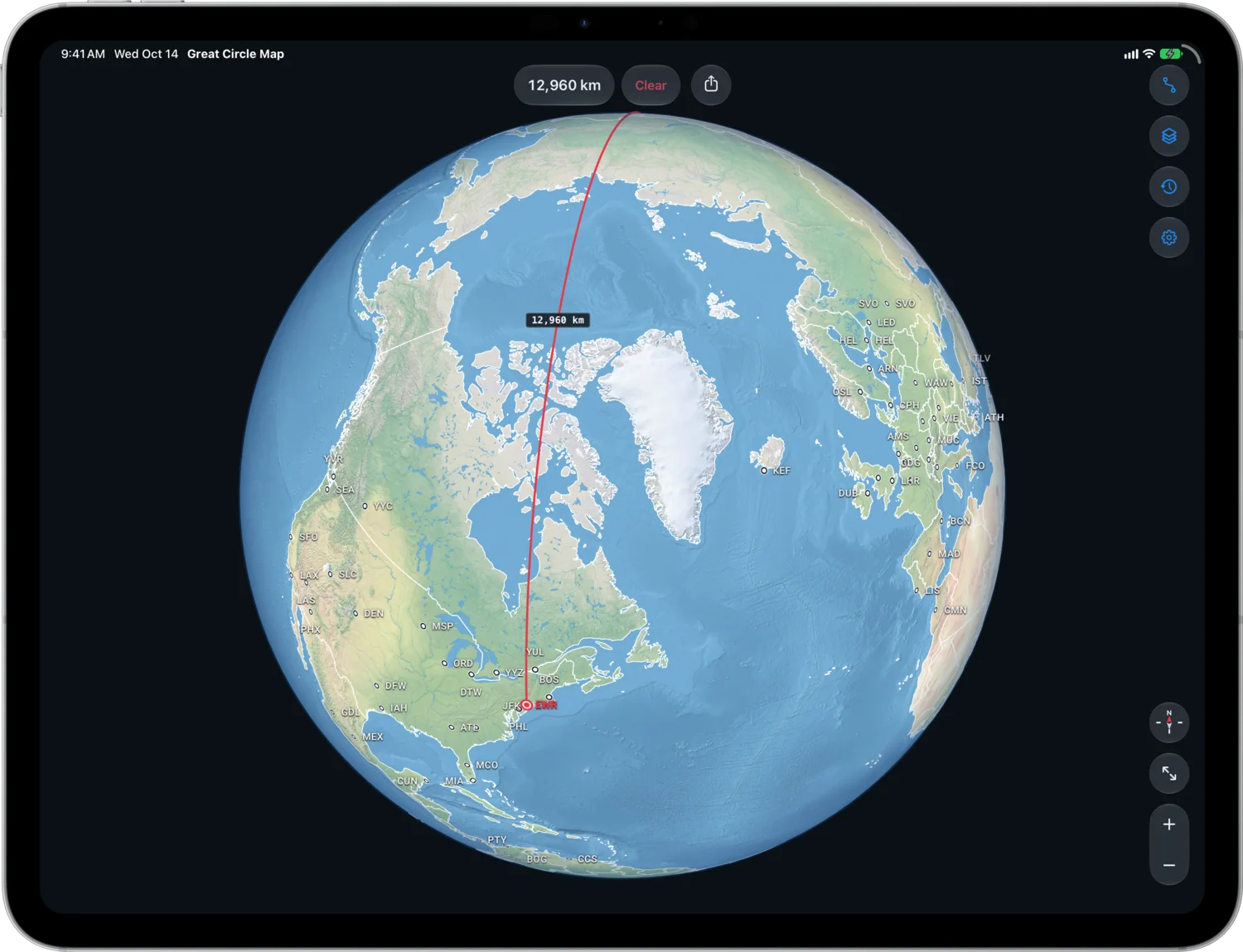 The Newark to Hong Kong Route Over the North Pole in Relief Map Style on iPad Pro