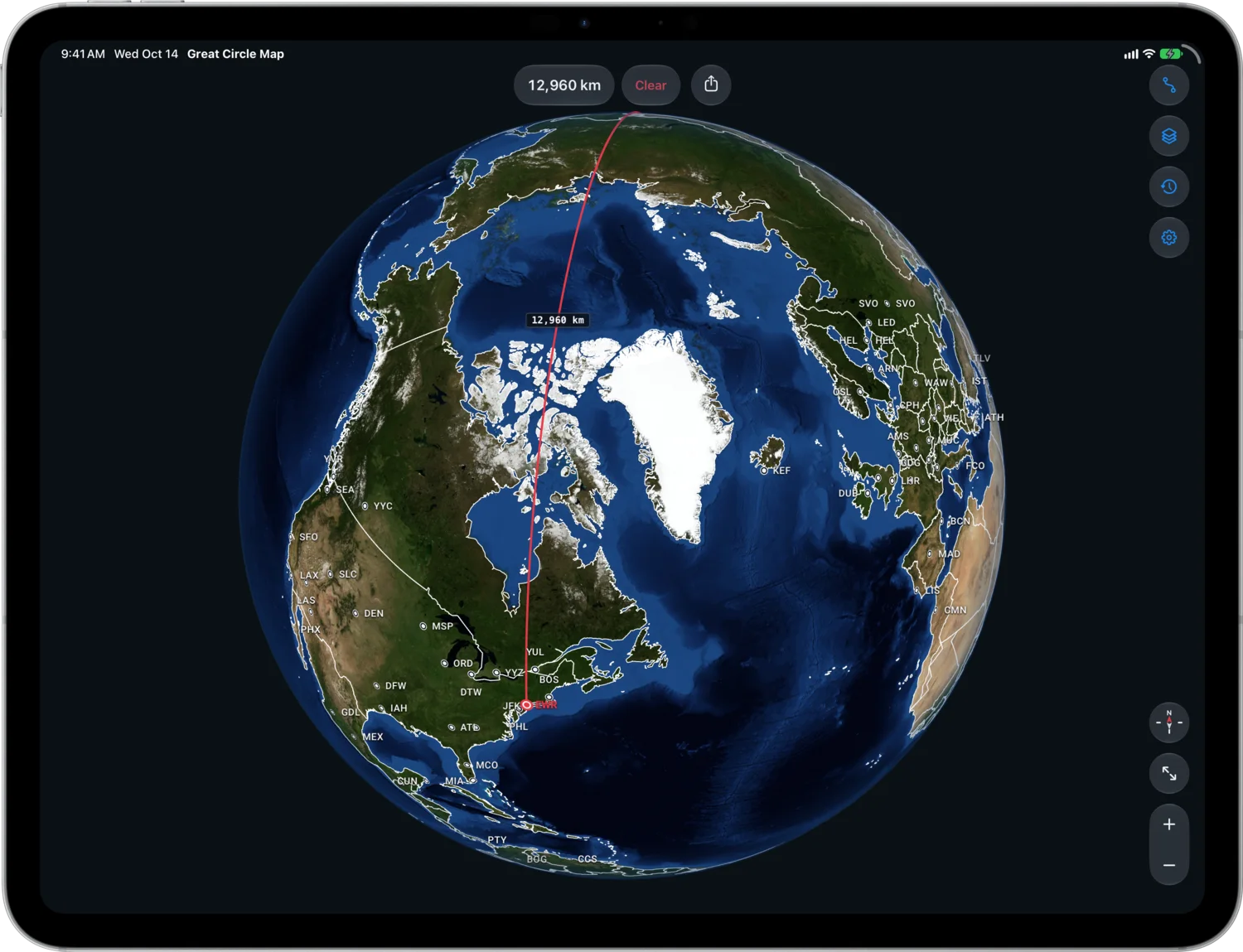 The Newark to Hong Kong Route Over the North Pole in Satellite Map Style on iPad Pro