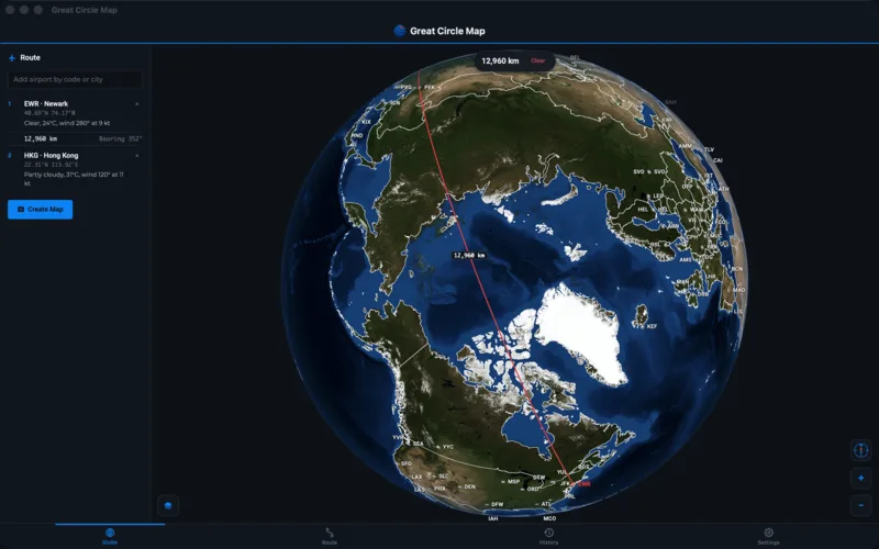 Great Circle Map on the Mac With a Polar Route and the Route Panel