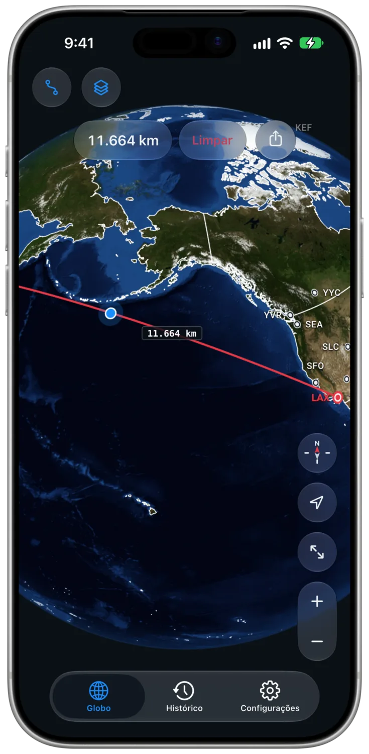 Rota de Los Angeles (LAX) a Hong Kong (HKG) no iPhone, com um ponto azul indicando a localização sobre o Pacífico Norte