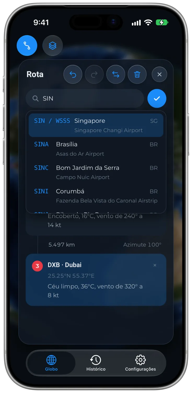 Busca de aeroportos mostrando resultados IATA e ICAO