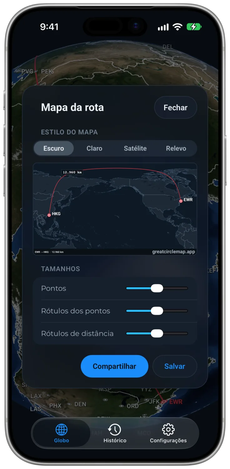A exportação do mapa da rota com uma projeção plana